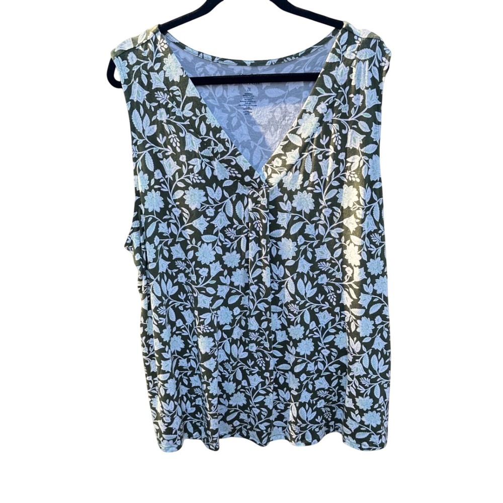 Croft & Barrow Women 2X Olive Green Floral V-Neck Sleeveless Tank Top NWT